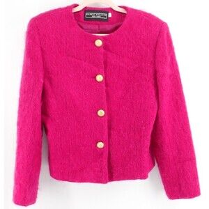 Harris Wallace Mohair Sz 6 Small Cardigan Fuchsia Pink Gold Buttons Blazer VTG